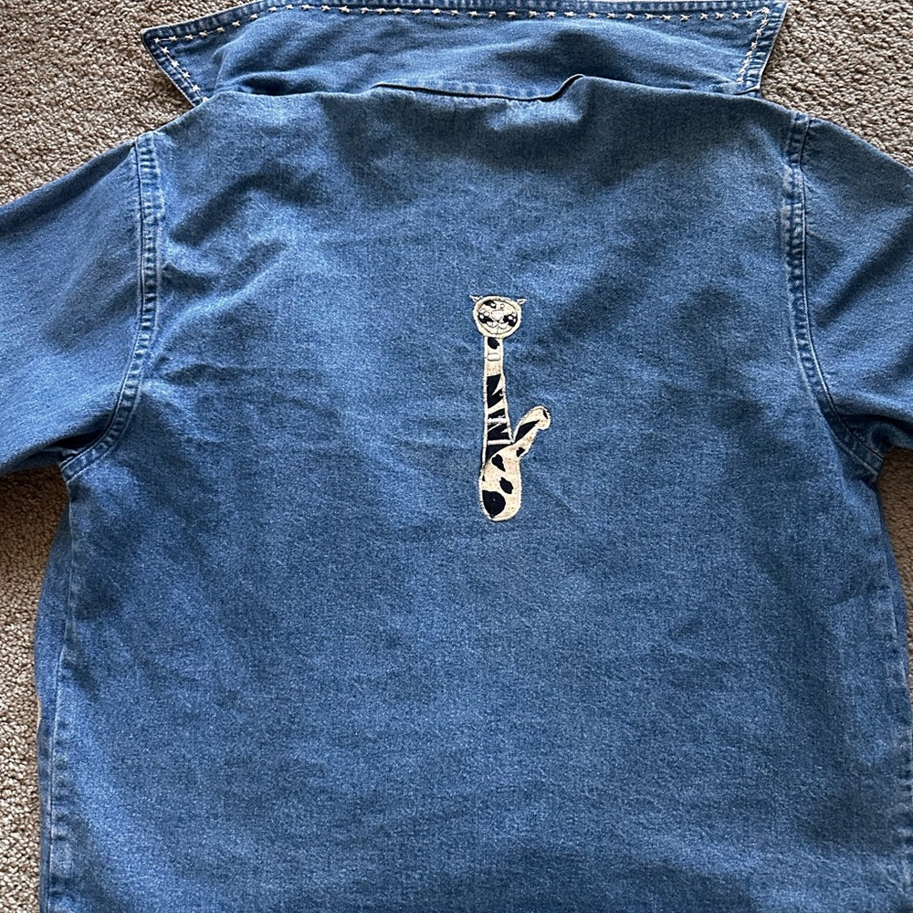 Vintage Jean Denim Jacket Cat Mom Embroidery Appliqué Quirky Cottagecore Artsy S - Picture 2 of 15